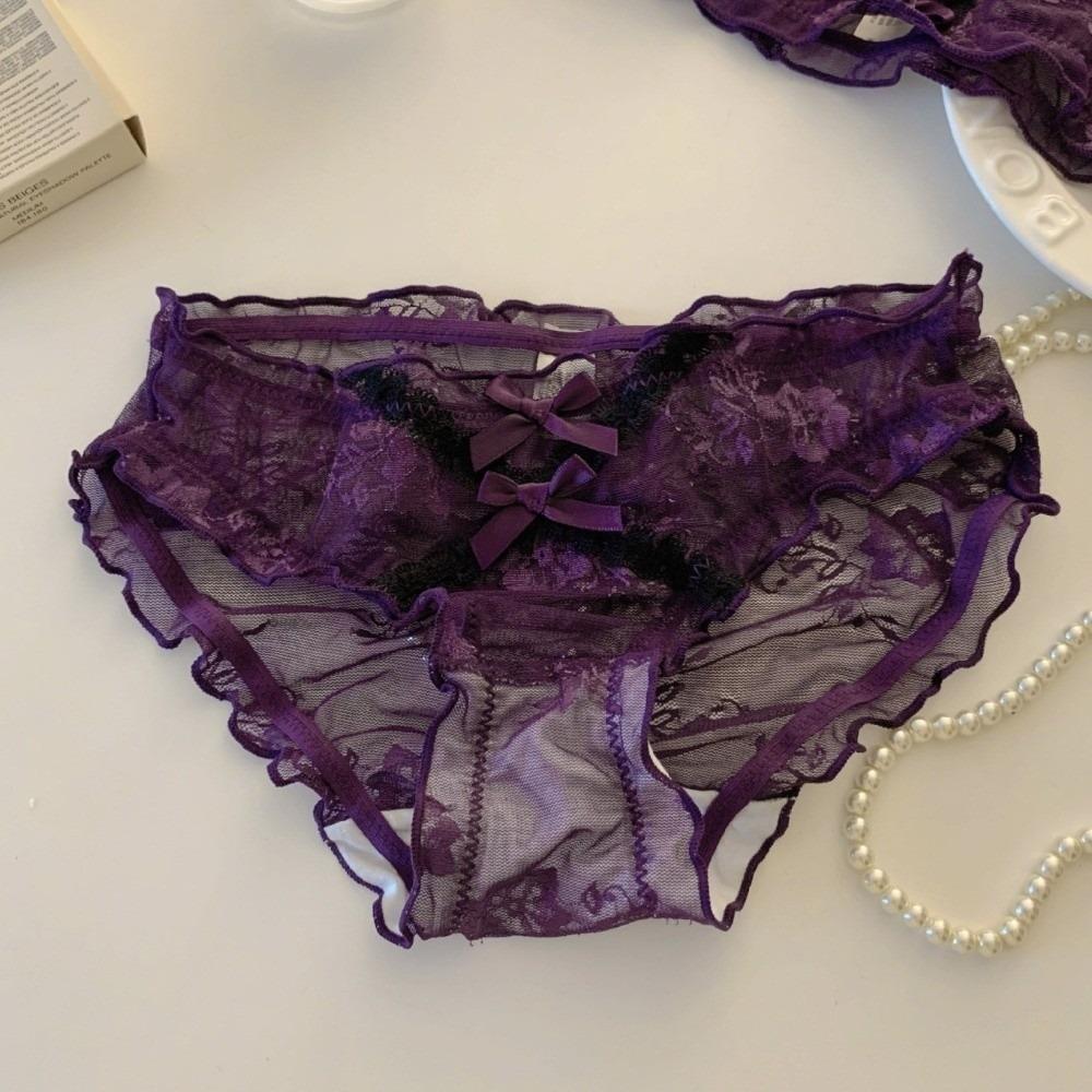 Sweet Low Waist Lace Panties Transparent Cotton Crotch Mesh Flower Briefs Bow Lingerie Underwear for Women Girl