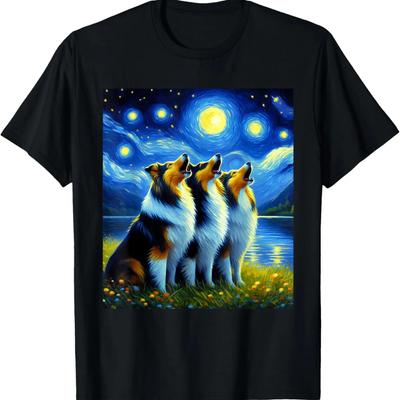 Starry Night 3 Shetland Sheepdogs Howling At Moon Dog Lover T-Shirt