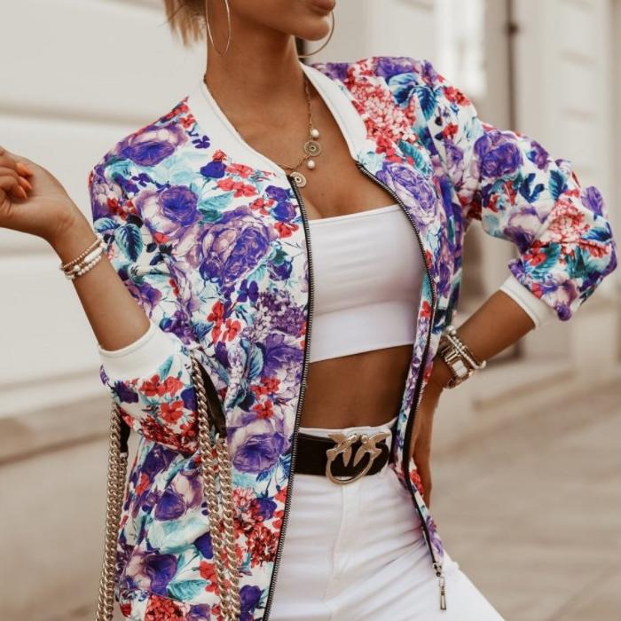 

Модная женская куртка с длинными рукавами и застежкой-молнией с круглым вырезом и принтом XS фиолетовый