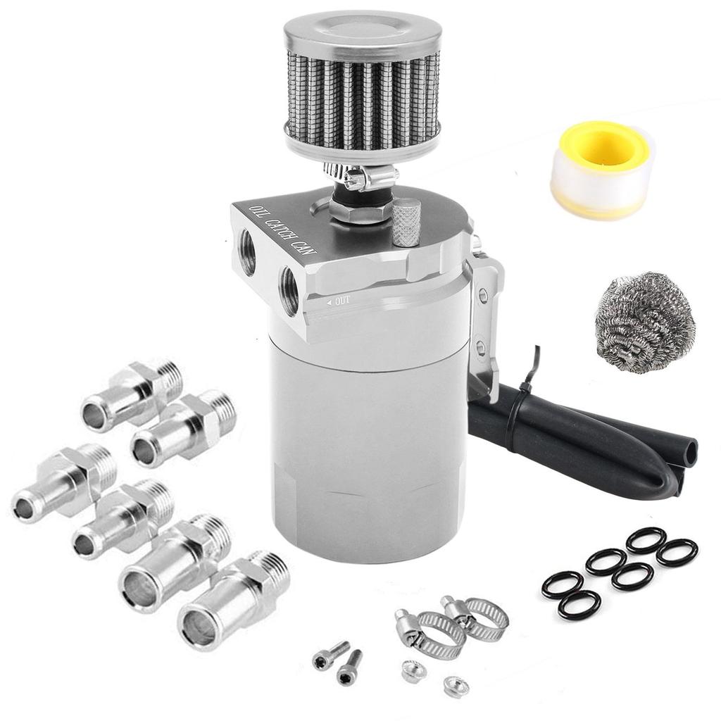 Car Baffled Oil Catch Can Reservoir Tank with Mini Filter Breather Baffled Aluminum Fittings Oil Dipstick Hole Breathable Kettle