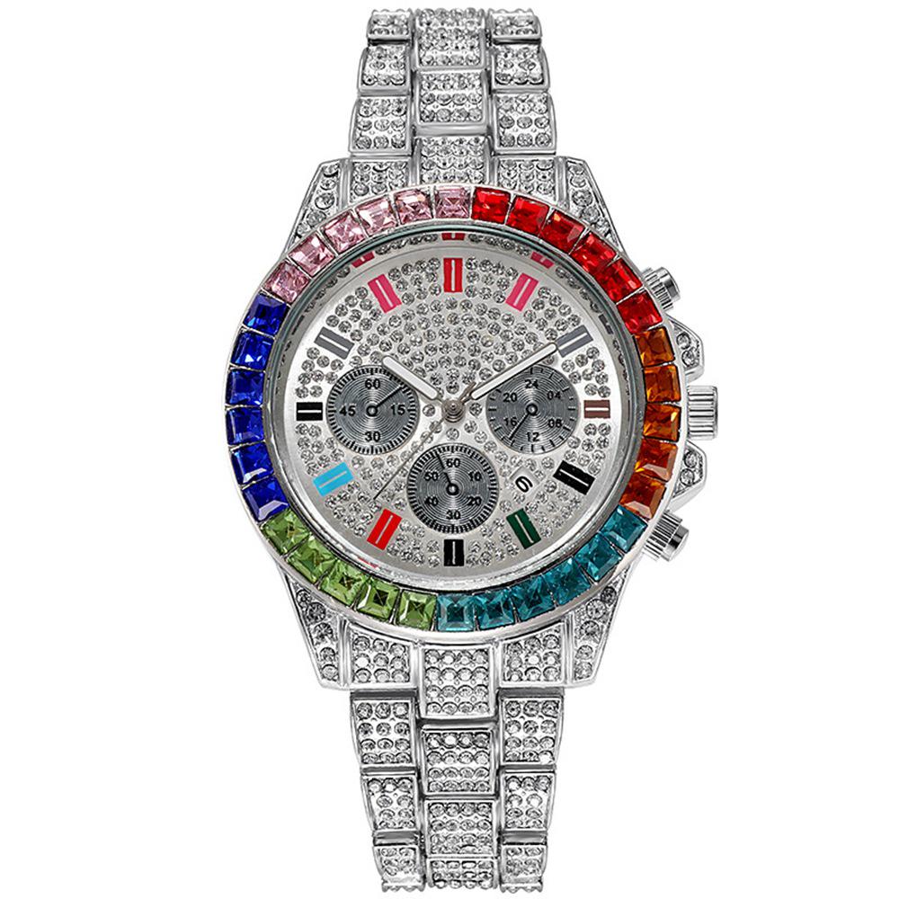 

Роскошные стальные часы с бриллиантами, с цветным циферблатом и календарем серебряный