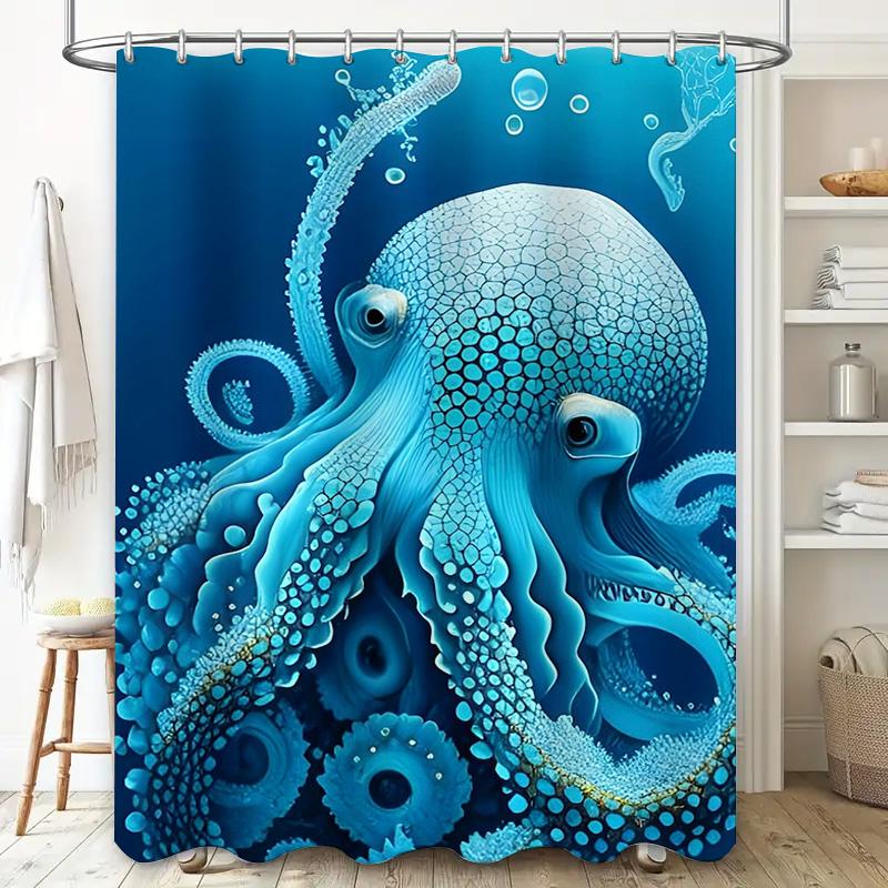 Blue Octopus Shower Curtain Bath Decoration Waterproof Fabric Unique Marine Life Prints for Bathroom Decorations