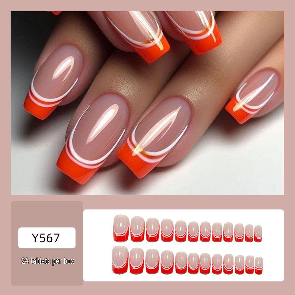 Vibrant Orange & White Striped French Press-On Nails - Stylish European & American Design, Simple and Fashionable.