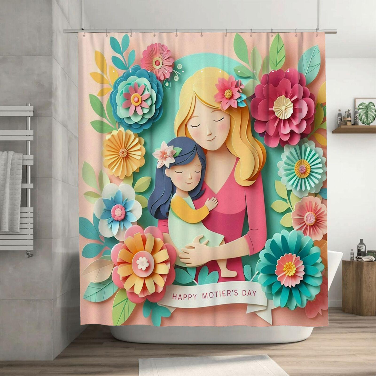 

Charming Happy Mother s Day Design with Mother and Child in Vibrant Floral Waterproof Shower Curtain, Stylish Durable 90X180cm(35x70in)