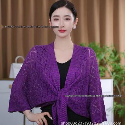 Spring/Summer Knitted Cardigan Shawl with Qipao Outerwear – Hollow Design, Solid Color, High-End Shoulder Wrap