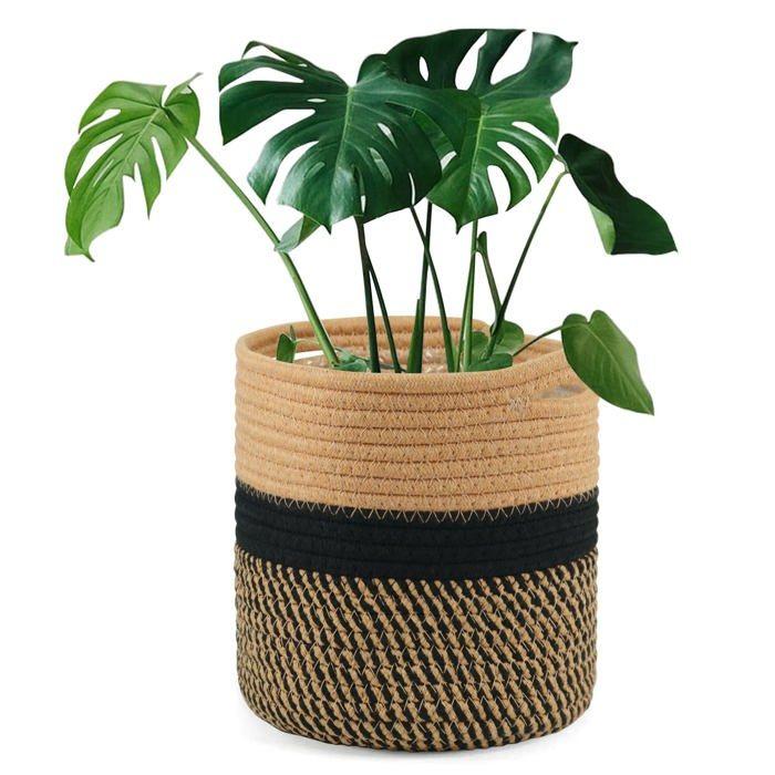 Cache-pot tissé coton 20x20 cm avec doublure - Panier rond marron/noir pour plantes d'intérieur