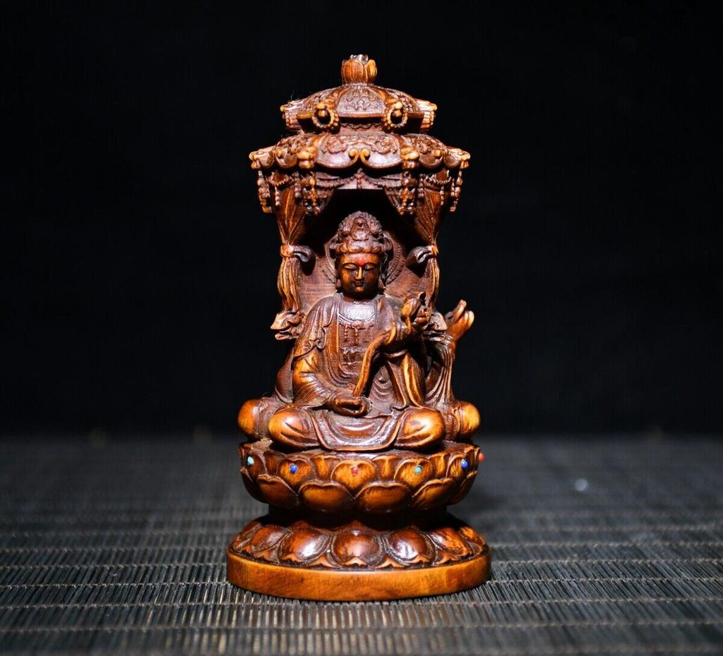 Small Antique Wood Carving Boxwood Wooden Sculpture Buddha Three Dharma Statue