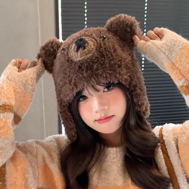 Korean Cartoon Bear Ear Plush Knitted Cap for Women's Autumn and Winter New Style Cute Warm and Versatile Pullover Cap