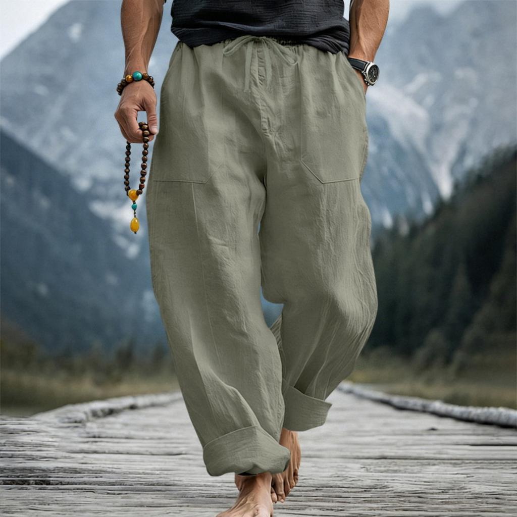 Men’s Loose Fit Linen Pants Breathable Sweat Absorbing Wide Leg Casual Trousers with Drawstring Waist Large Size for Daily Wear