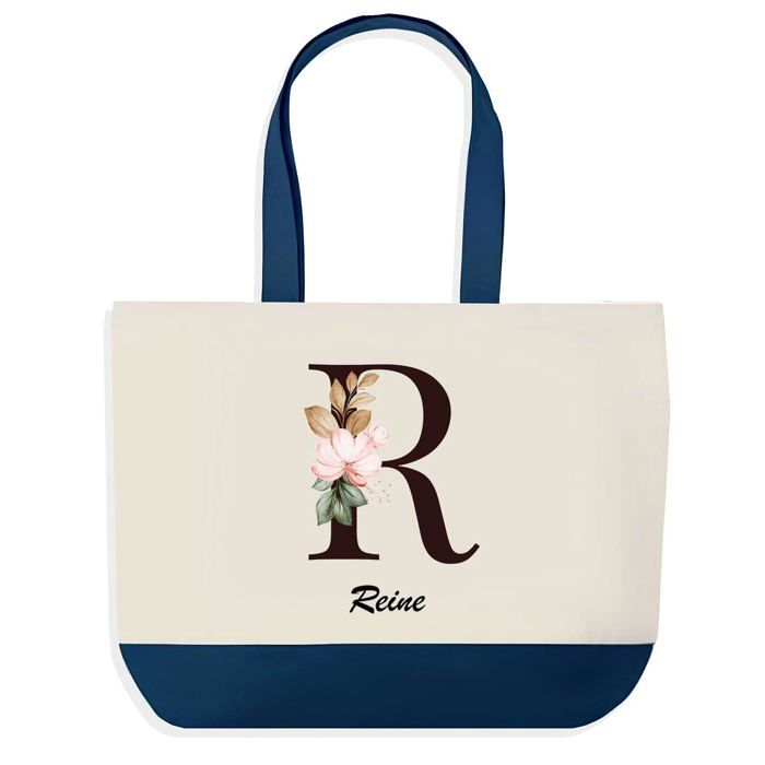 Tote bag - PLANETEE - Sac shopping fond bleu Reine Lettre Fleur - Coton - 40x45 cm - Sans fermeture