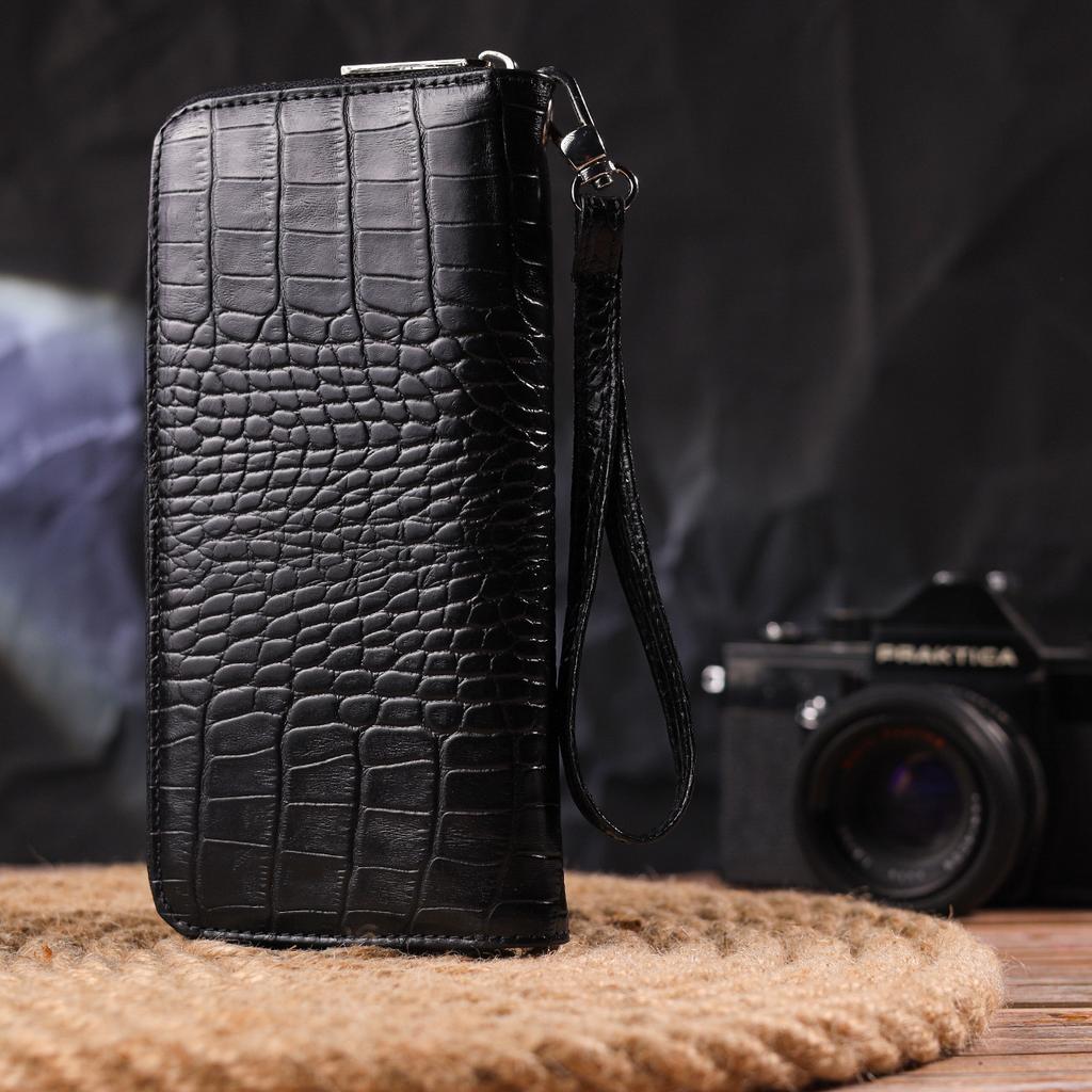 Горизонтальный женский кошелек из натуральной фактурной кожи под крокодила CANPELLINI Wallet 21623 Черный