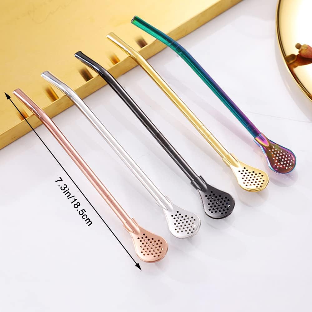 2Pcs Removable Stainless Steel Straw Filter Spoon with 2 Cleaning Brush, Reble Metal Straw Spoon Cocktail Stirrer for Drinking Loose Tea, Ice Coffee,