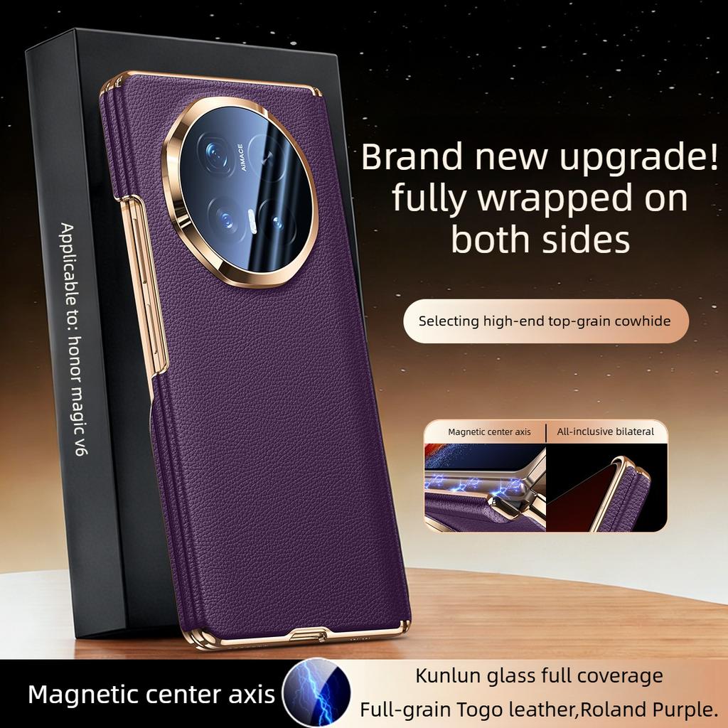 [[Dual-axis Protection] for Honor Magic V6 Case Luxurious Genuine Leather for Magsafe Wireless Charging Premium Back Phone Case