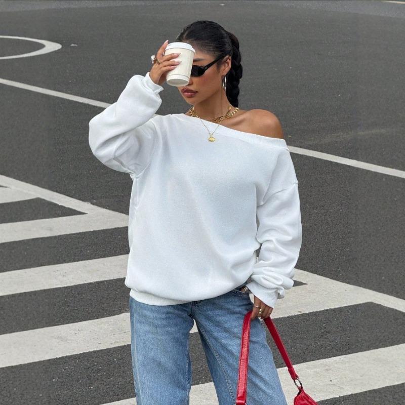 Women S Loose Off Shoulder Solid Color Pullover Sweatshirt
