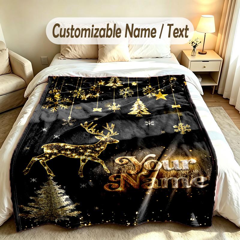 Christmas Theme Soft Blanket Personalized Custom Name Text Print Warm Blanket Home Sofa Bedroom Decor