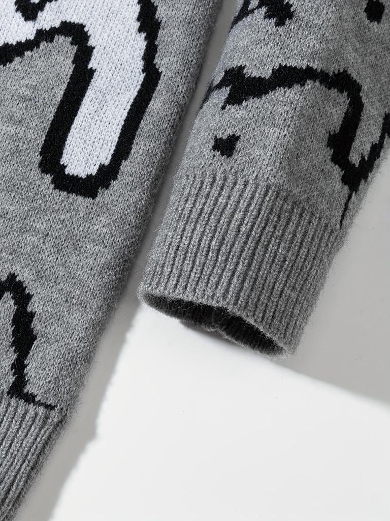 Men's Cute Cat Print Knit Pullover - Stylish Fall/Winter Round Neck Sweater