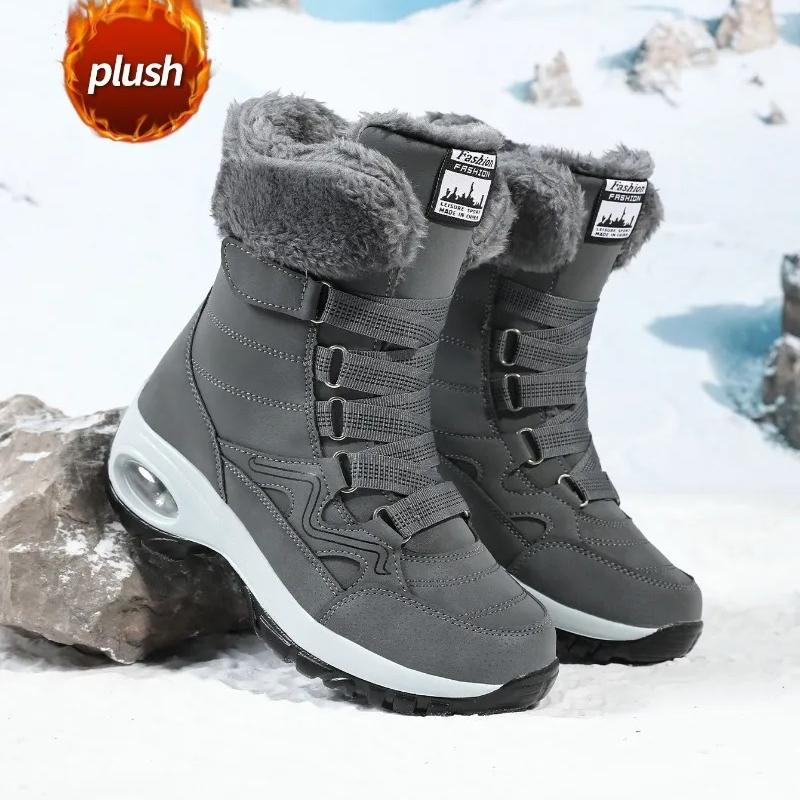 Women High Top Snow Boots Winter Plush Hiking Sneakers Comfort Air Cushion Daily Boots Non-slip Winter Outdoor Walking Boots