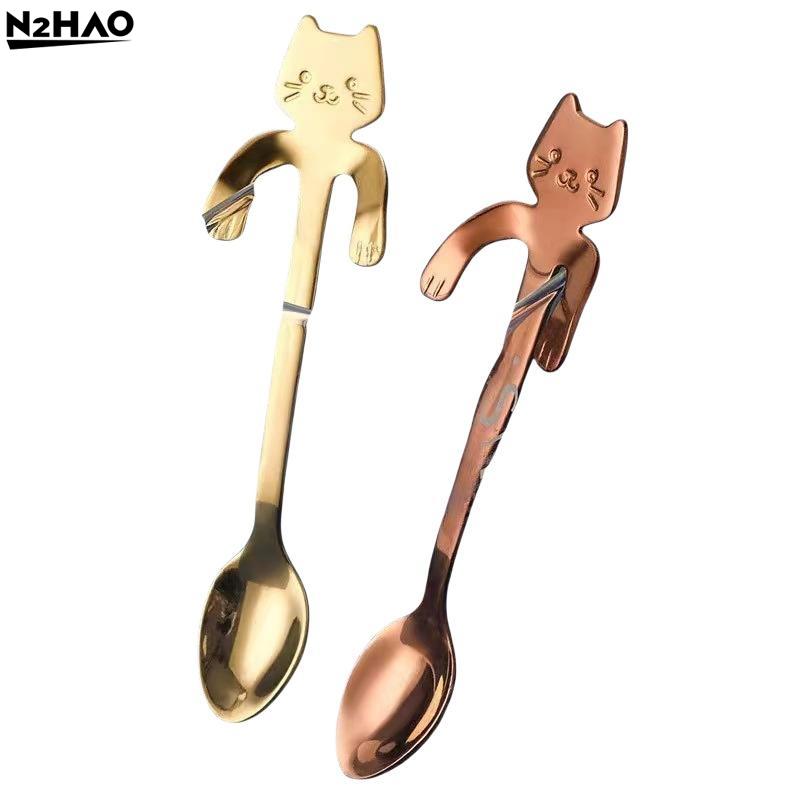 Aço Inoxidável Gato Fofo Colheres Penduradas Borda Lisa Design Adorável Adequado Para Café Chá Sobremesa Uso Doméstico