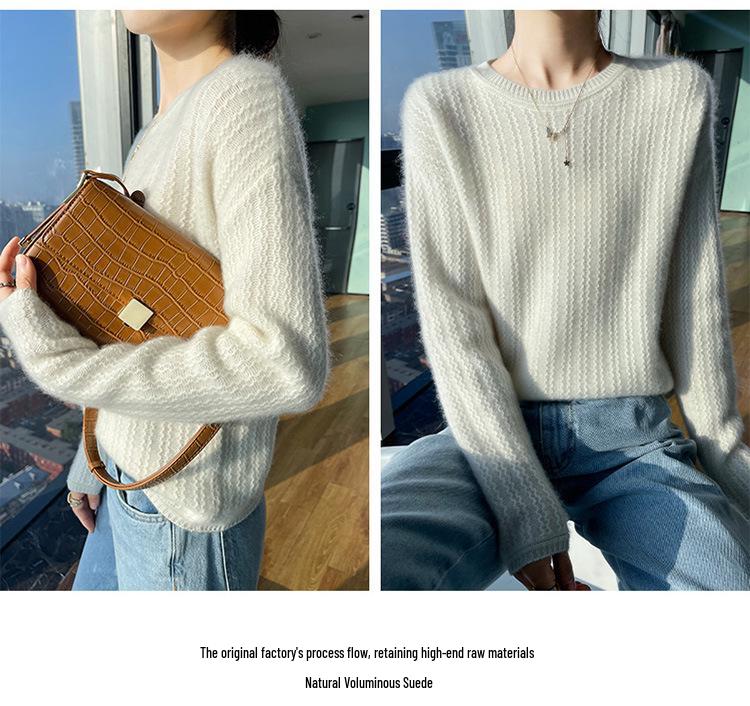 Women's Loose Casual Merino Wool Round Neck Sweater - Solid Color Wavy Pattern (Autumn/Winter Collection)