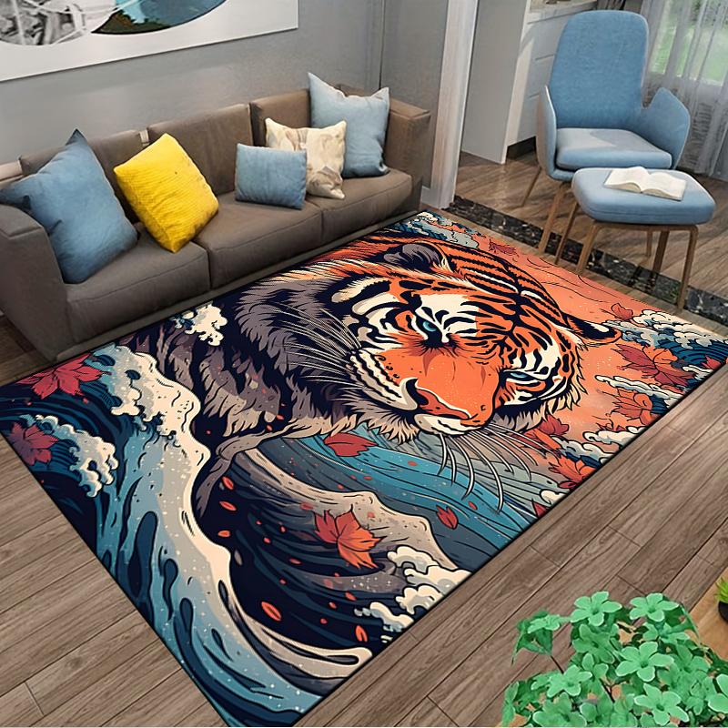 Majestic Tiger Rug in Vibrant Colors Surrounded by Waves Suitable for use as an anti-slip game mat for living room and bedroom sofas
