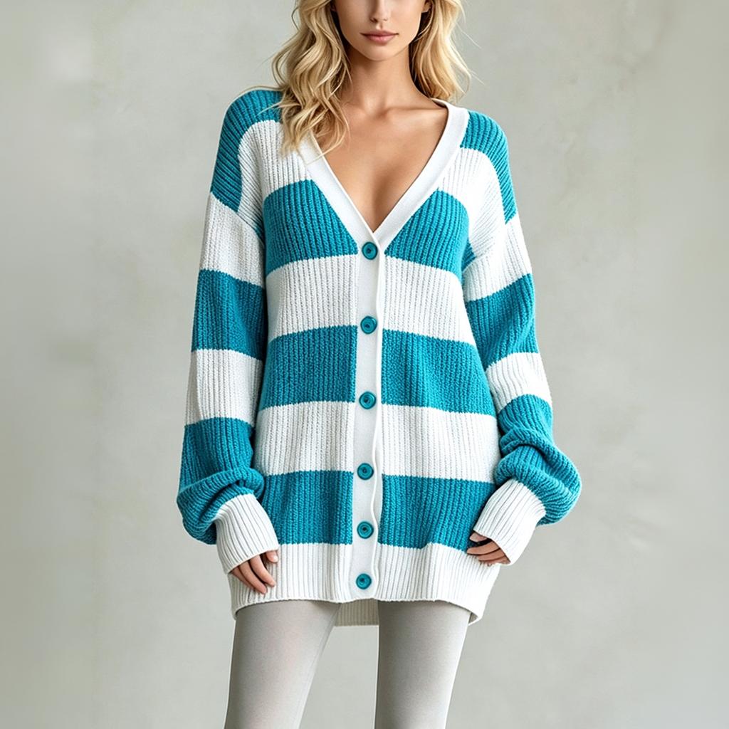 Women's Striped Knit Cardigan, Long Sleeve Button-Up Sweater for Casual Fall and Winter Wear