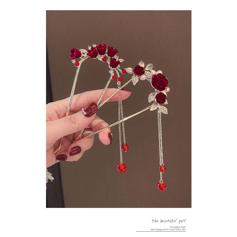 New Chinese Style Rose U Shape Hairpin Women Hanfu Cheongsam Tassel Ancient Style Hair Accessories