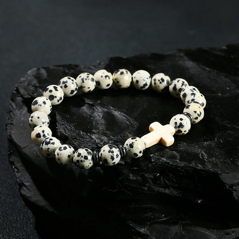 Natural Stone Bead With White Turquoise Cross Bracelets Women Men Classic Stretch Bangles Reiki Elastic Bracelet Gift