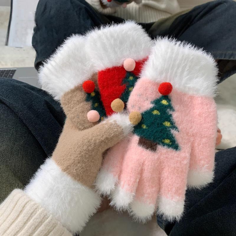 Snowflake Christmas Tree Gloves For Women Winter Plush Warm Thick Gloves Touch Screen Fluffy Fur Cycling Gloves Student Gifts