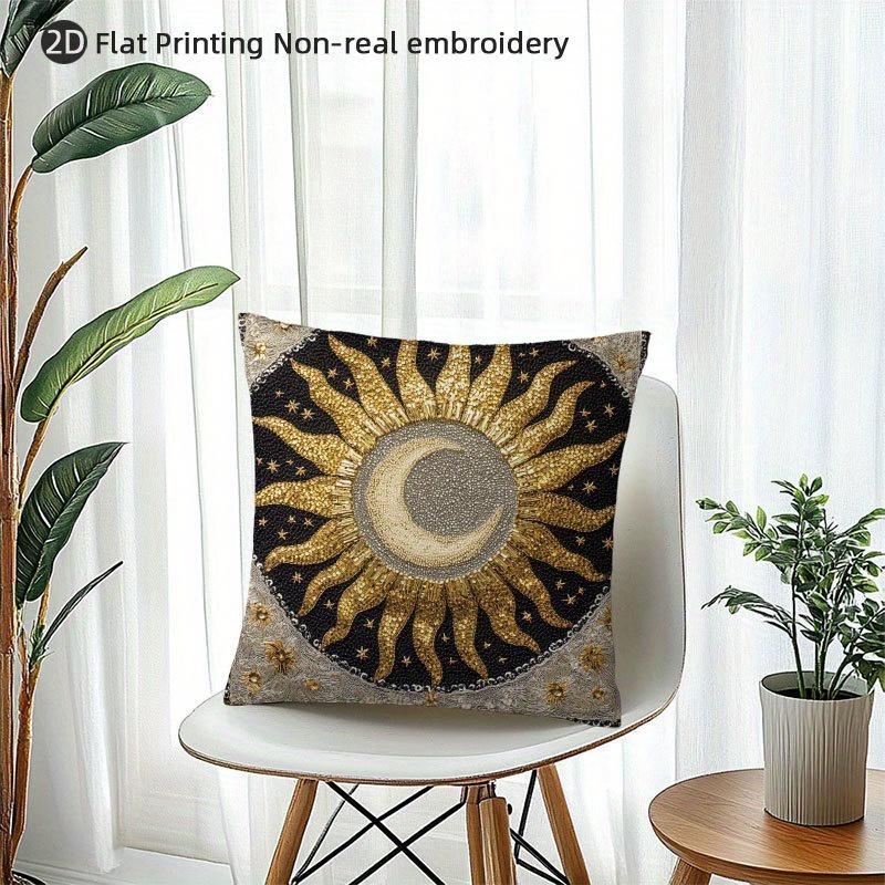 Golden Sun Moon Star Pillow Cover 2D Faux Embroidery Print Boho Celestial Crescent Cushion Case For Sofa Bed Couch Home Decor