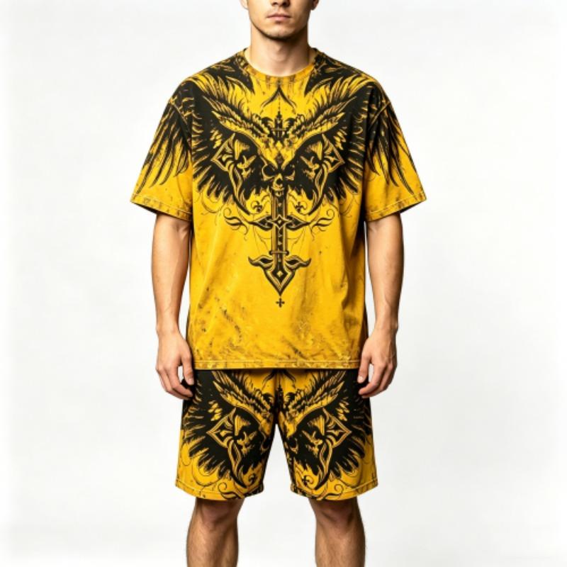Summer Gothic Style Vintage Skull Cross Printed Round Neck Short Sleeved T-Shirt And Shorts Set Men's and Women's T-shirt Shorts Set