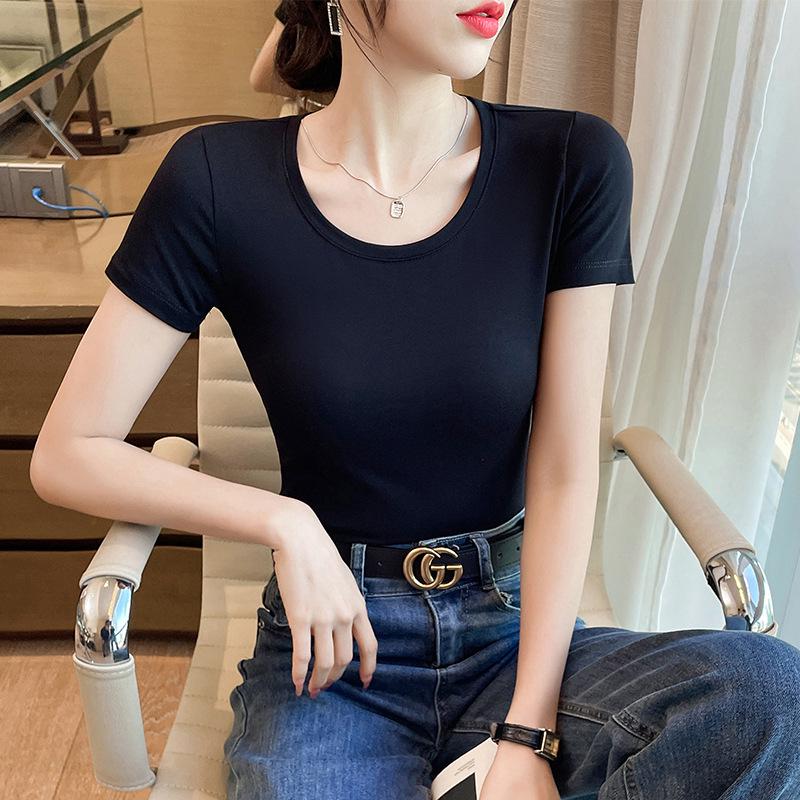 Dámské 2025 Slim Fit Bílé Tričko s Krátkým Rukávem a Kulatým Výstřihem z Čisté Bavlny