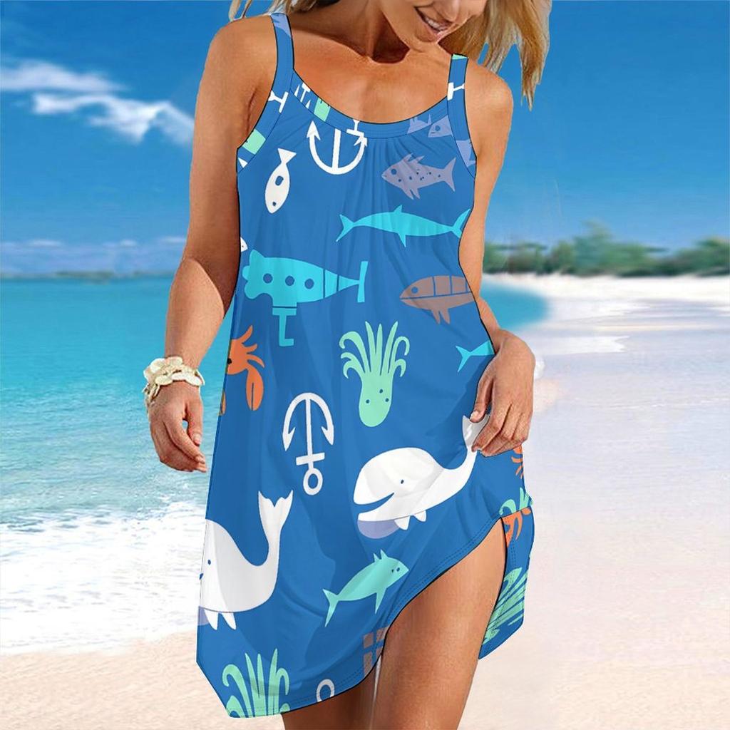 Women Plus Size Sleeveless Round Neck Dress Tropical Banana Leaf White Flower Print Irregular Hem Loose Beach Dress