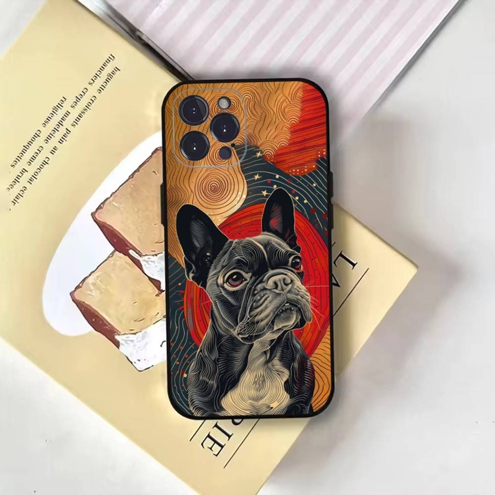 Cartoon Französische Bulldogge Handyhülle Für iPhone17,16,15,14,13,12,11 Plus,Pro Max,Weiche Schwarze Hülle