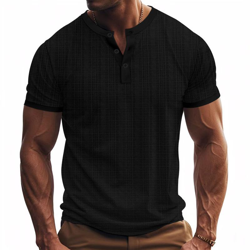 Men s White Textured Henley T-Shirt, Casual Short Sleeve Ringer Neck Button Placket Top S чёрный