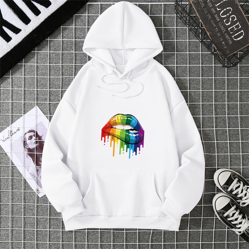 Fashion Women's Colorful Lips Print Hoodie Women's Outdoor Street Hooded Pocket Hoodie Women's Sweatshirt Women's Clothes