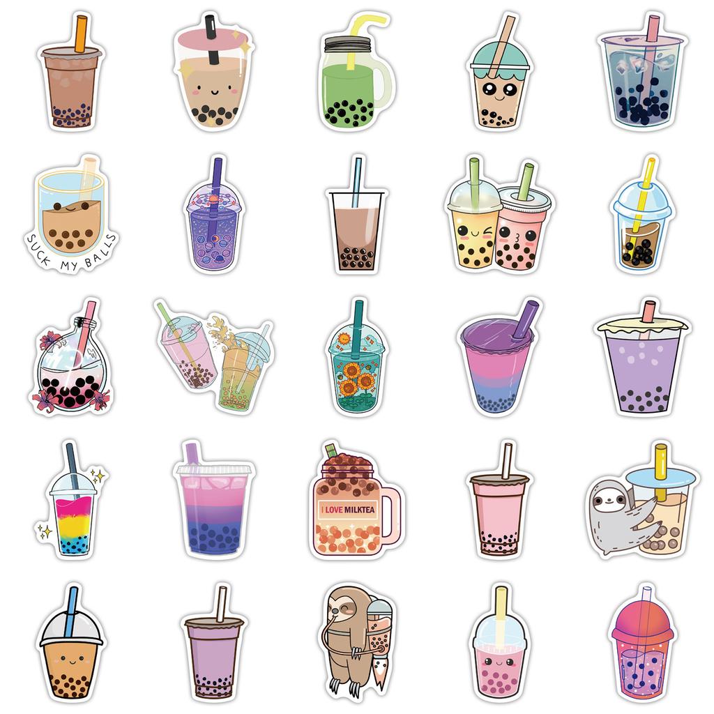 50 New Style Pearl Milk Tea Graffiti Stickers Decorate Suitcase Motorcycle Trolley Case Notebook Waterproof Stickers
