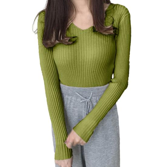 

Женские топы с V-образным вырезом, длинным рукавом, облегающий свитер, однотонный ребристый низ, эластичный трикотаж зелёный
