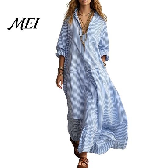 Casual Striped Dress Women Long Sleeve Dress, V-Neck Collar Maxi Shirt Retro for Summer Autumn, Breathable Loose Fit Soft Beach