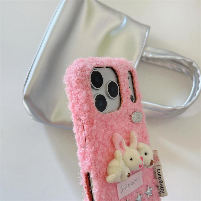 Lambswool Plush Bear and Rabbit Head Case for iPhone 17/16 Pro Max/15/14