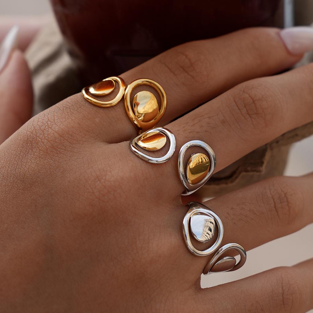 Simple Cutout Metal Smooth Stainless Steel Set Ring Women's  Water Drop Opening Adjustable Thick Ring Party Jewelry Gift