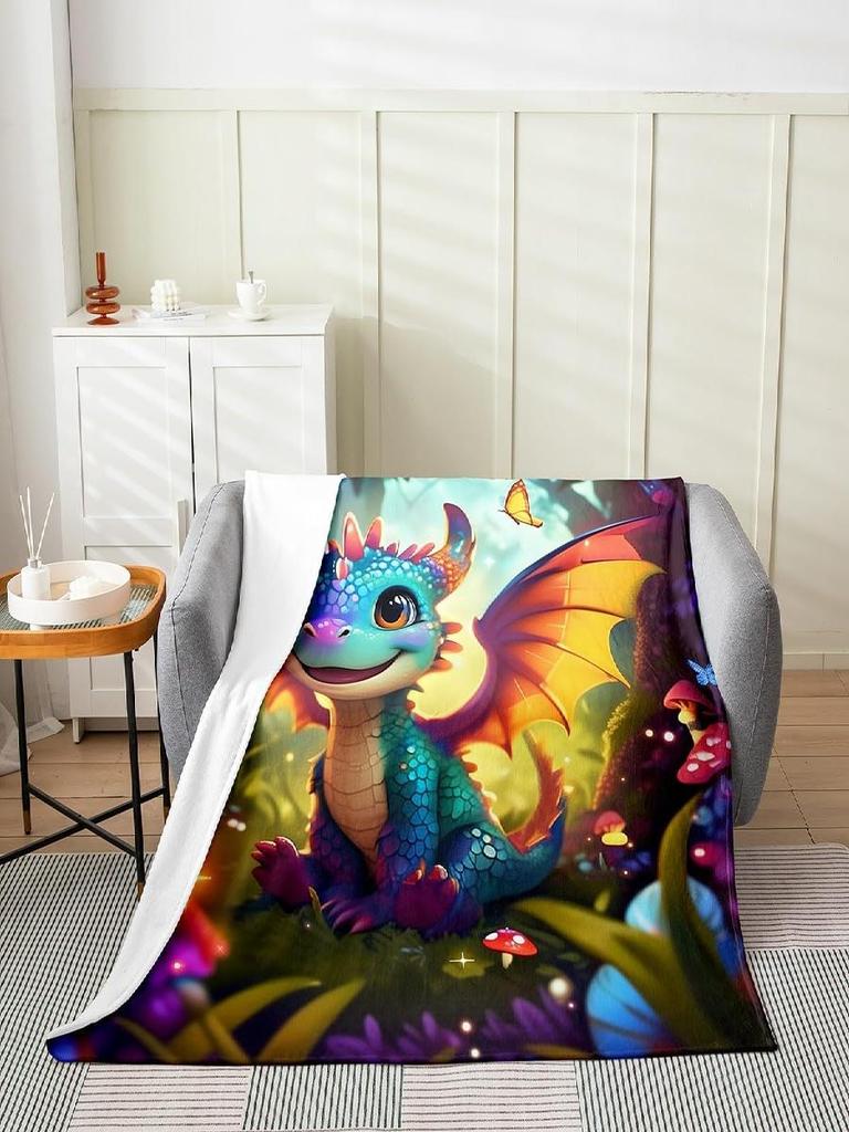 Cute Cartoon Dragon Fleece Throw Blanket Polka Dot Mushroom Twin Size Plush Jungle Butterfly Fantasy Western Dragon Bed Sofa Cov