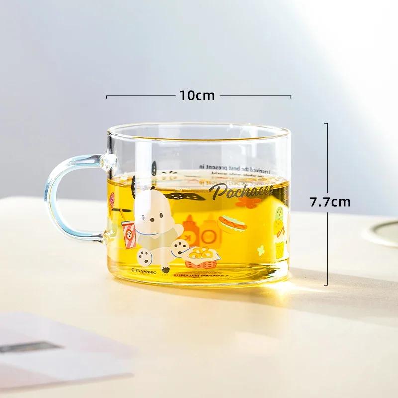 For Sanrio Pochacco Kuromi Glass Cup Cartoon Transparent Water Cup Home Breakfast Oatmeal Mug with Colored Handle Gifts for Kids