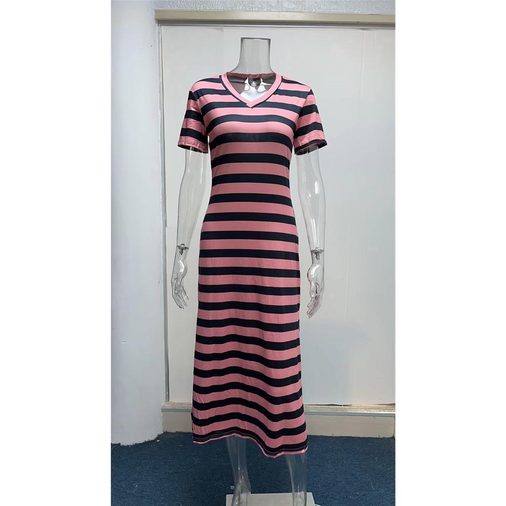 Women's Dress Short-sleeved V-neck Loose Striped Print Slit Long Dress