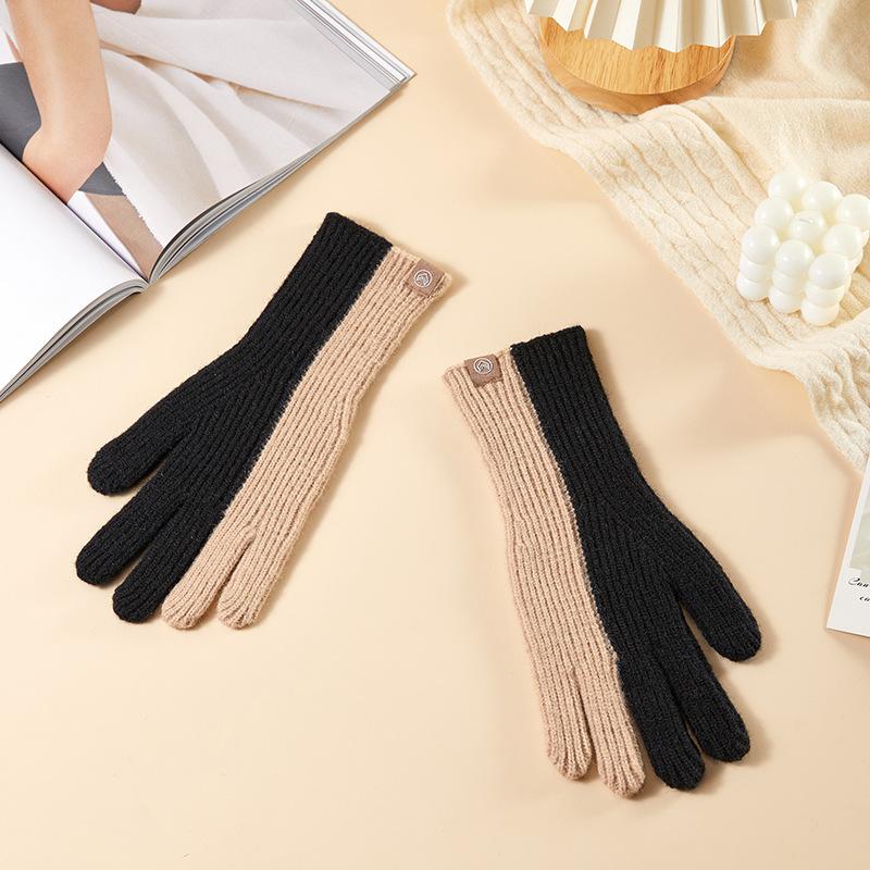Autumn and Winter Stitching Color Knitted Ladies' Warm Gloves Dew Finger Touch Screen Cold Proof Wool Gloves