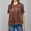 Women European Style Loose Embroidered Puff Short Sleeve Lace Patchwork Velvet Blouse