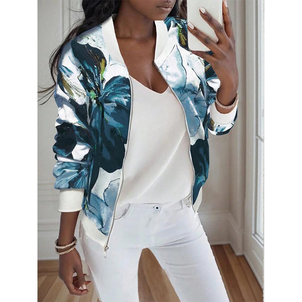 Women's Floral Print Baseball Collar Bomber Jacket Long Sleeve Zip Up Coat Outerwear