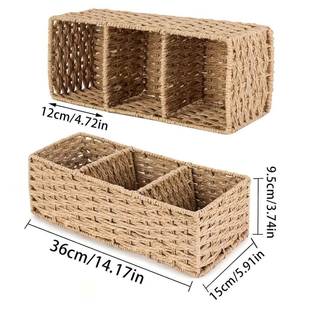 1pc Woven Three-Compartment Storage Basket, Handmade Paper Rope & Willow Storage Bin, Toilet Tank Top Tissue Box Holder