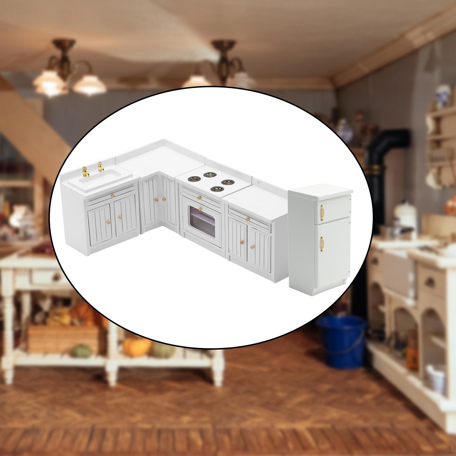 1/12 Кукольный домик Мини-мебель Кухонный набор Игровой набор Шкаф Обеденный стол Раковина Столешница Холодильник белый