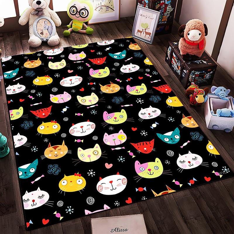 Colorful Cartoon Cat Faces Pattern with Hearts and Candy on Black Background Carpet Suitable for use as an anti-slip for room and bedroom sofas