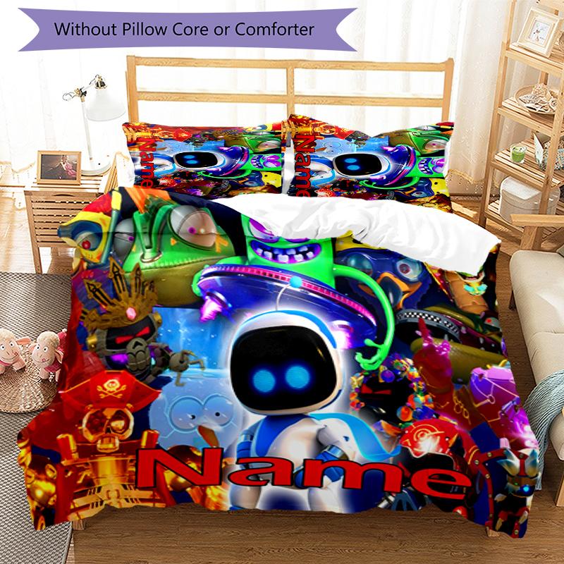 3pcs Custom Name Astro Bot Bedding Set Duvet Cover Closure Includes 1 Duvet Cover & 2 Pillowcases for All Seasons Bedroom Decor